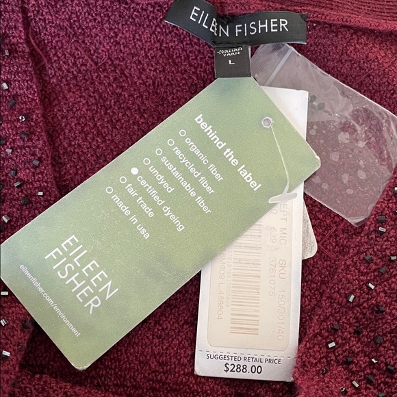 New Eileen Fisher Burgundy Merino Wool Draped Neck Glass Beaded Sweater Large - Picture 2 of 7